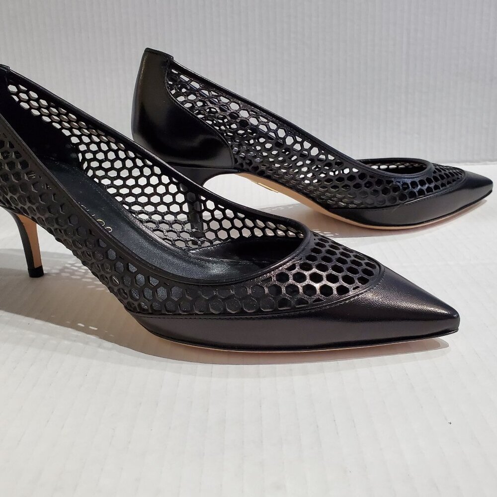 Tamara Mellon Black Leather Pump with Circular Cutouts, Size 9.5
